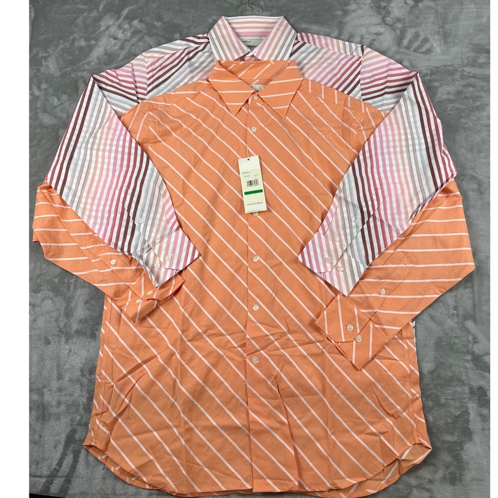 Lot of 2 Perry‎ Ellis Mens Large Cotton Diagonal Stripe Shirts Melon Pink NEW